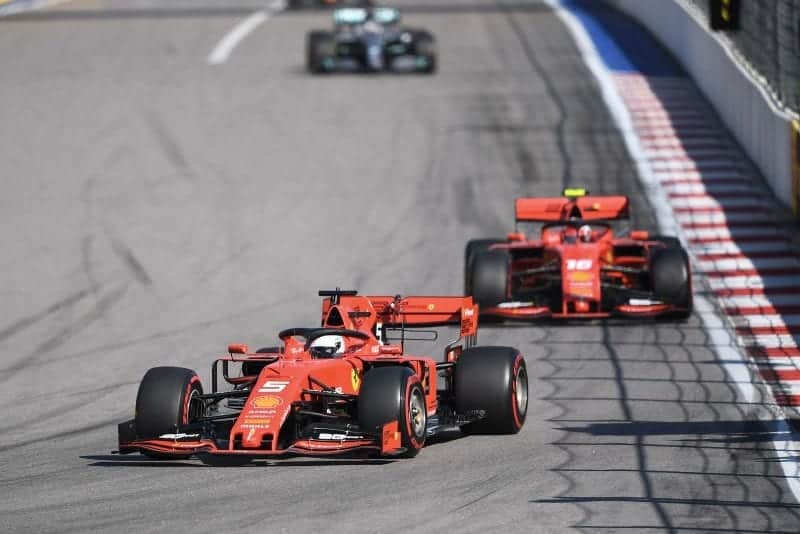 Sebastian Vettel leads Charles Leclerc during the 2020 Russian Grand Prix