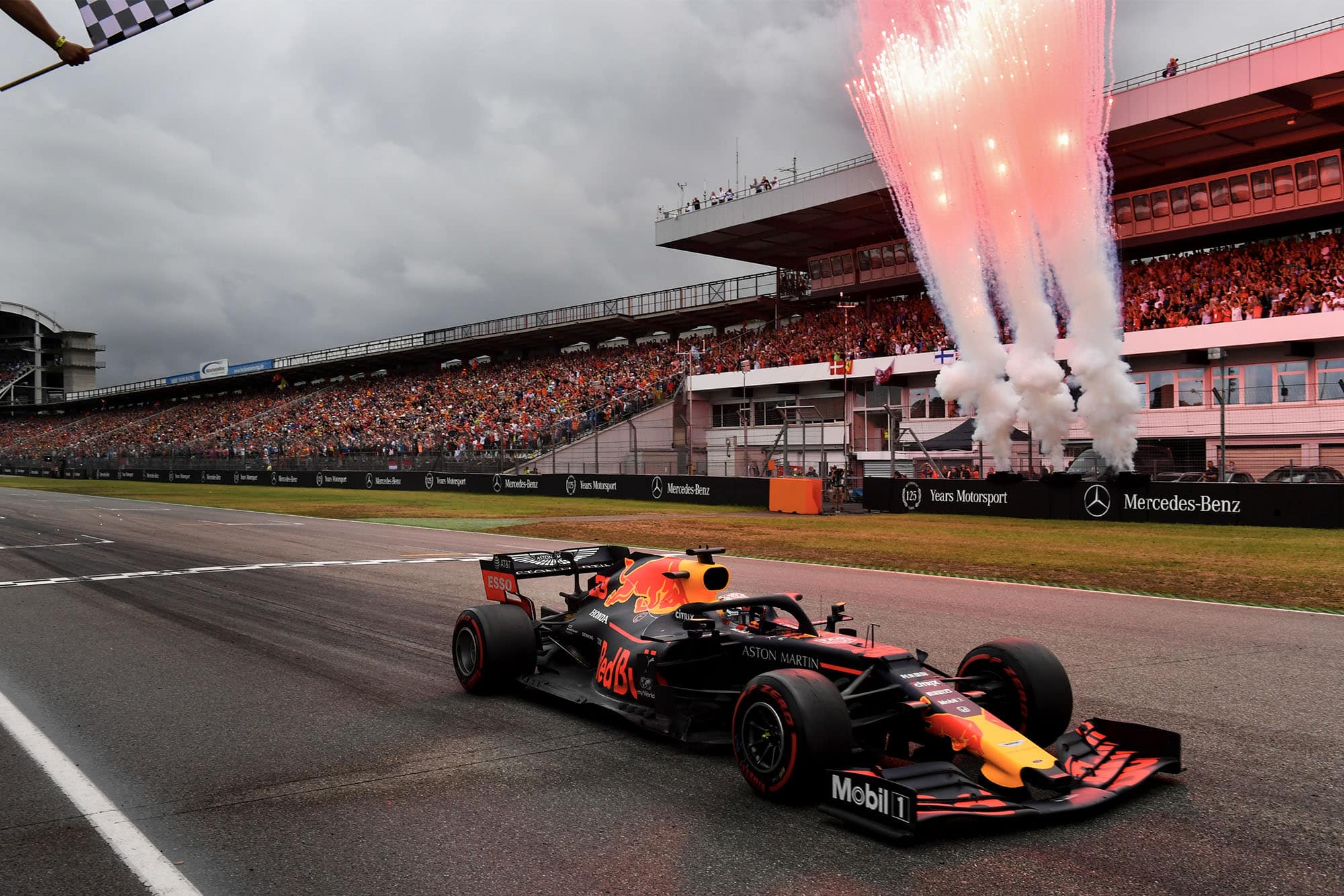 Max Verstappen crosses the line to win the 2019 German Grand Prix