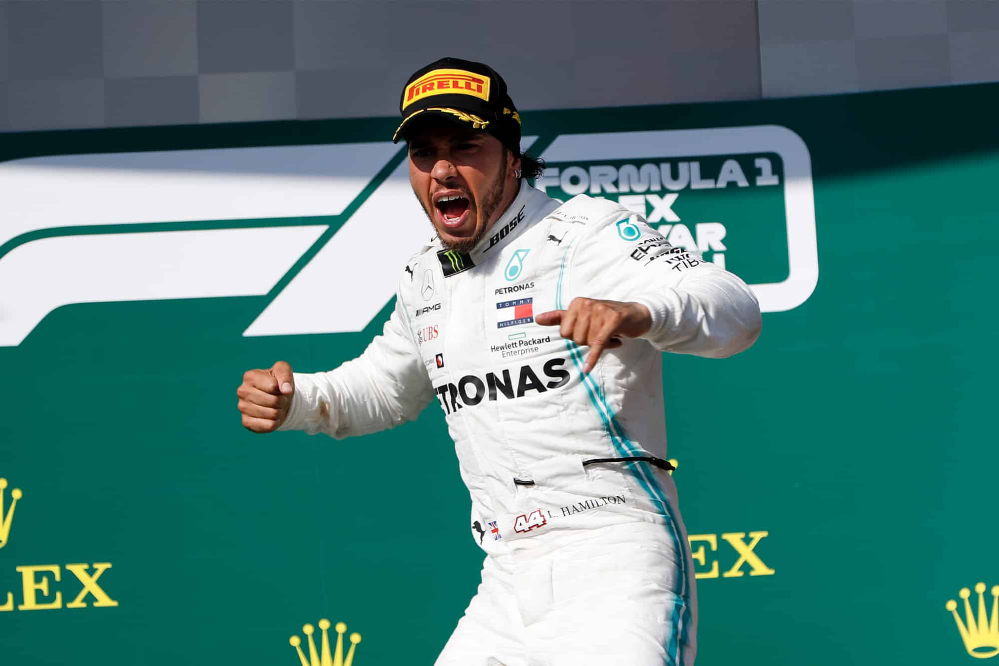 Lewis Hamilton celebrates winning the 2019 Hungarian Grand Prix