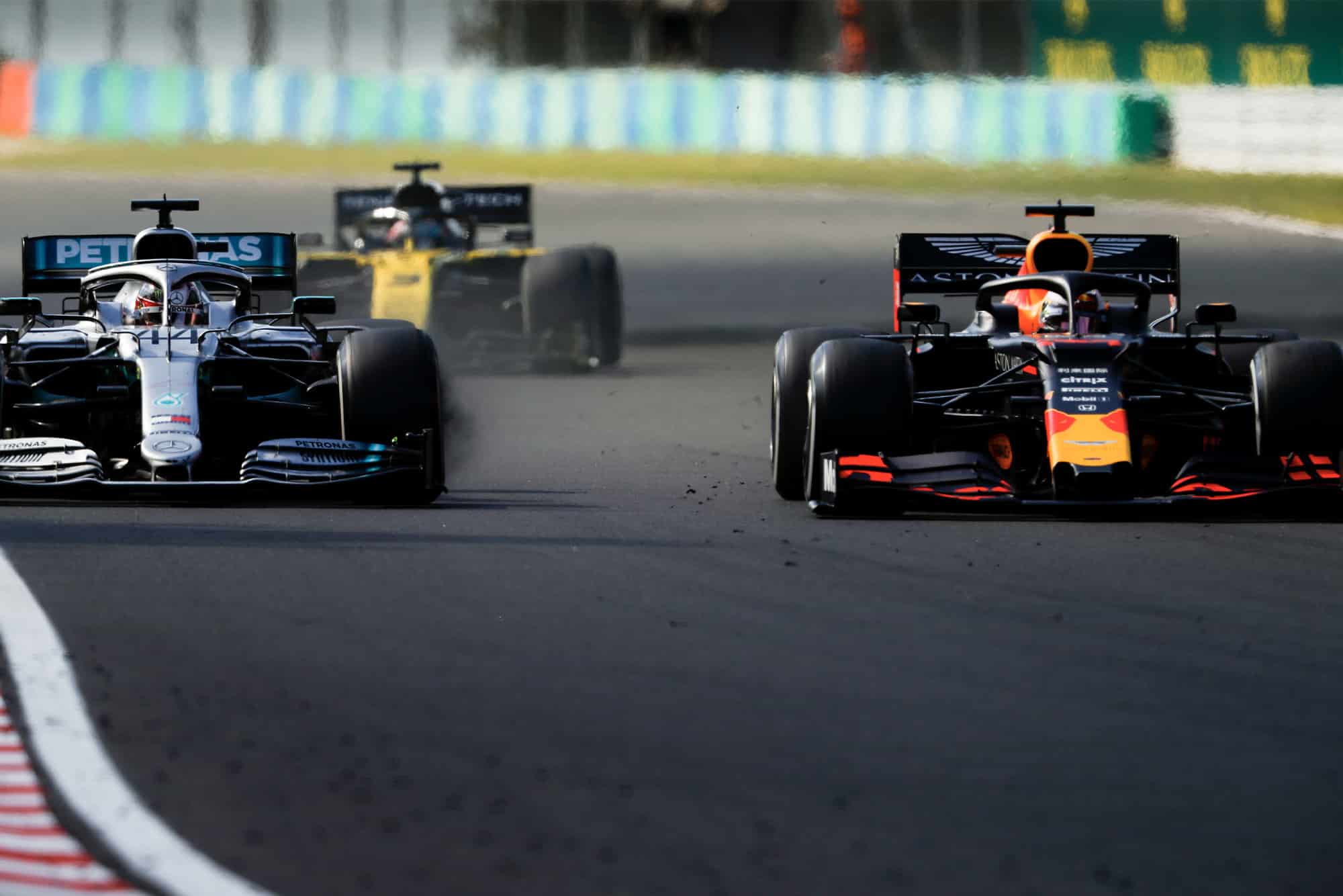 Lewis Hamilton goes wheel-to-wheel with Max Verstappen