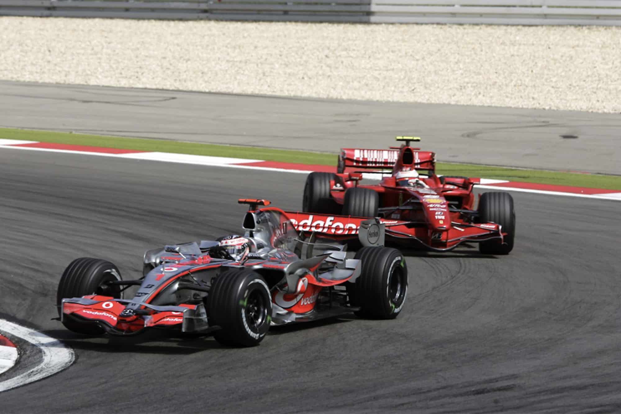 Fernando Alonso in the McLaren and Kimi Raikkonen in the Ferrari during the 2007 German Grand Prix