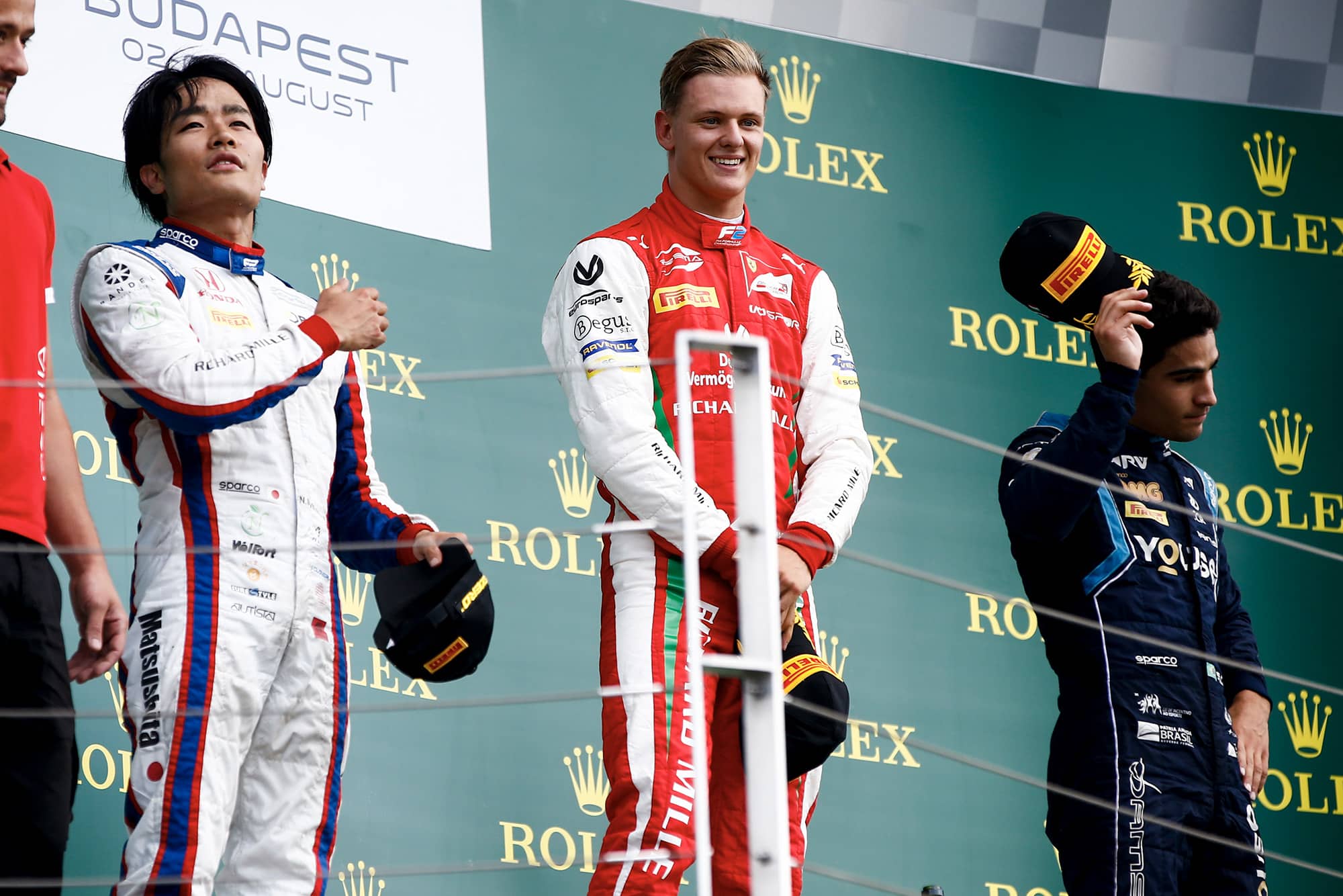 Mick Schumacher celebrates victory at the Hungaroring in the 2019 Formula 2 season