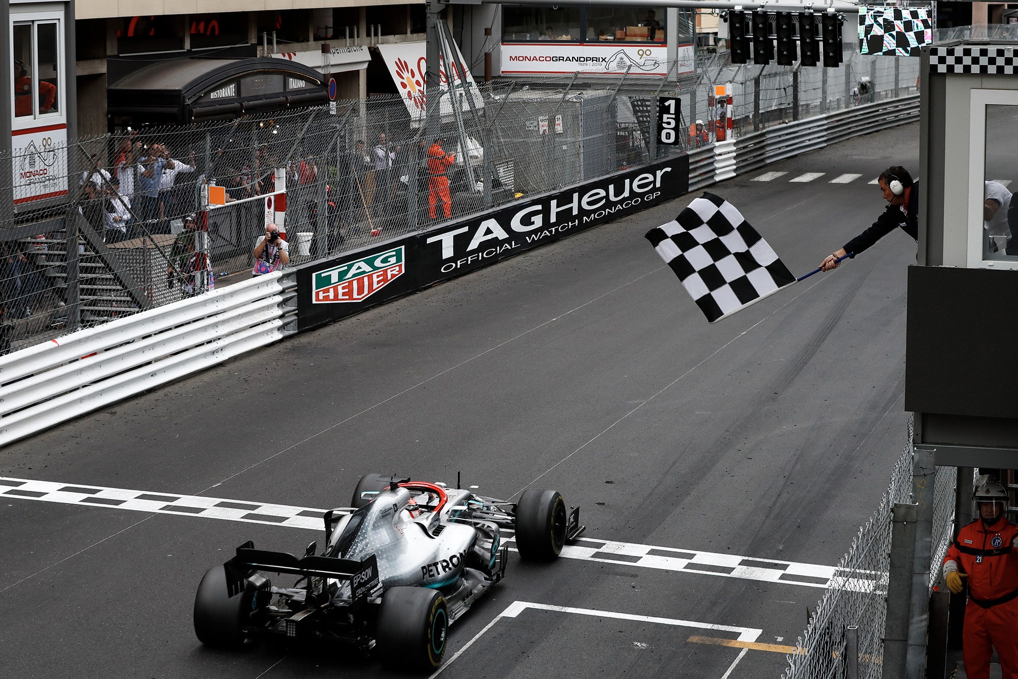Chequered flag and light panel at the end of the 2019 Monaco Grand Prix