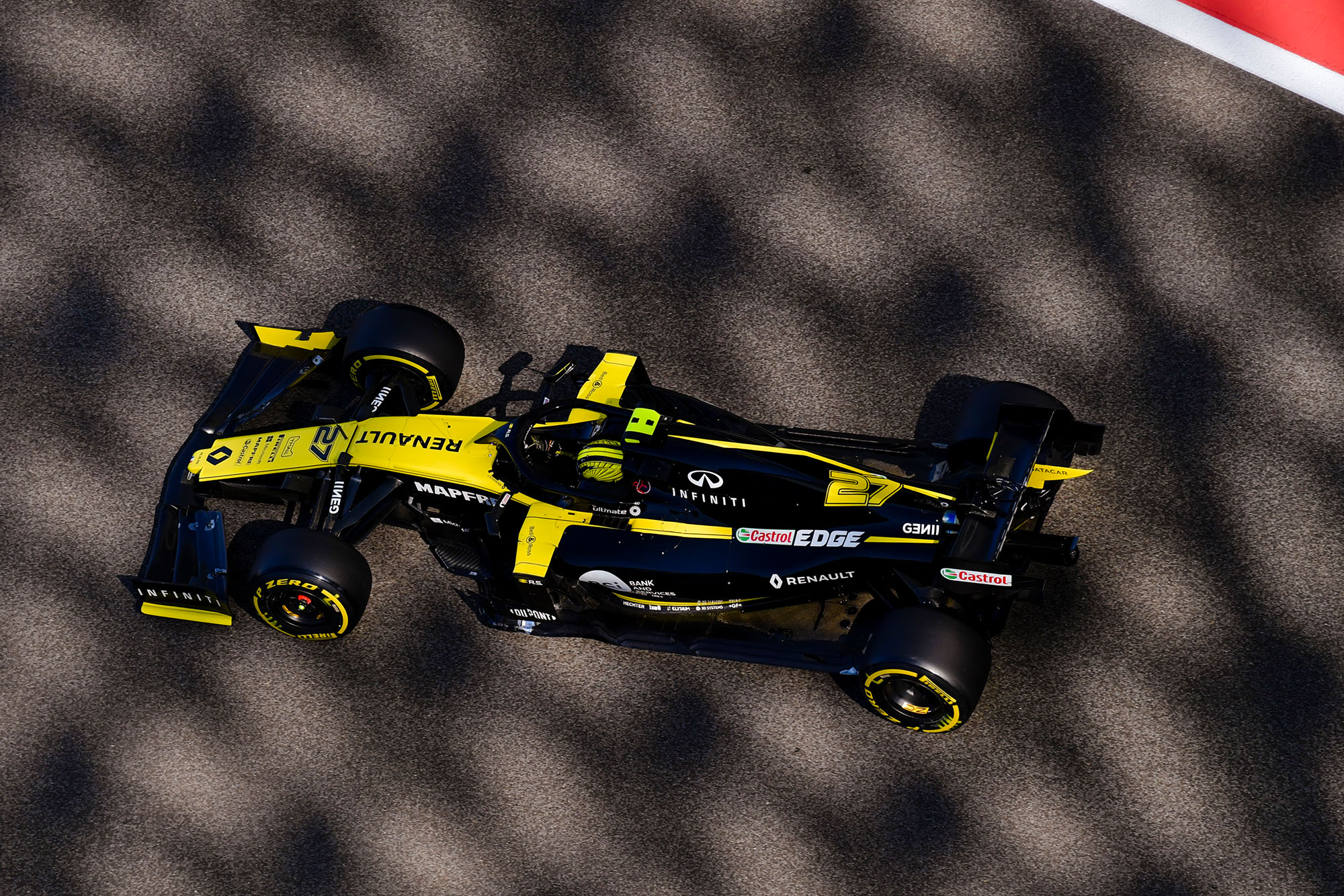 Overhead shot of the Renault RS 19 at the 2019 f1 Abu Dhabi Grand Prix