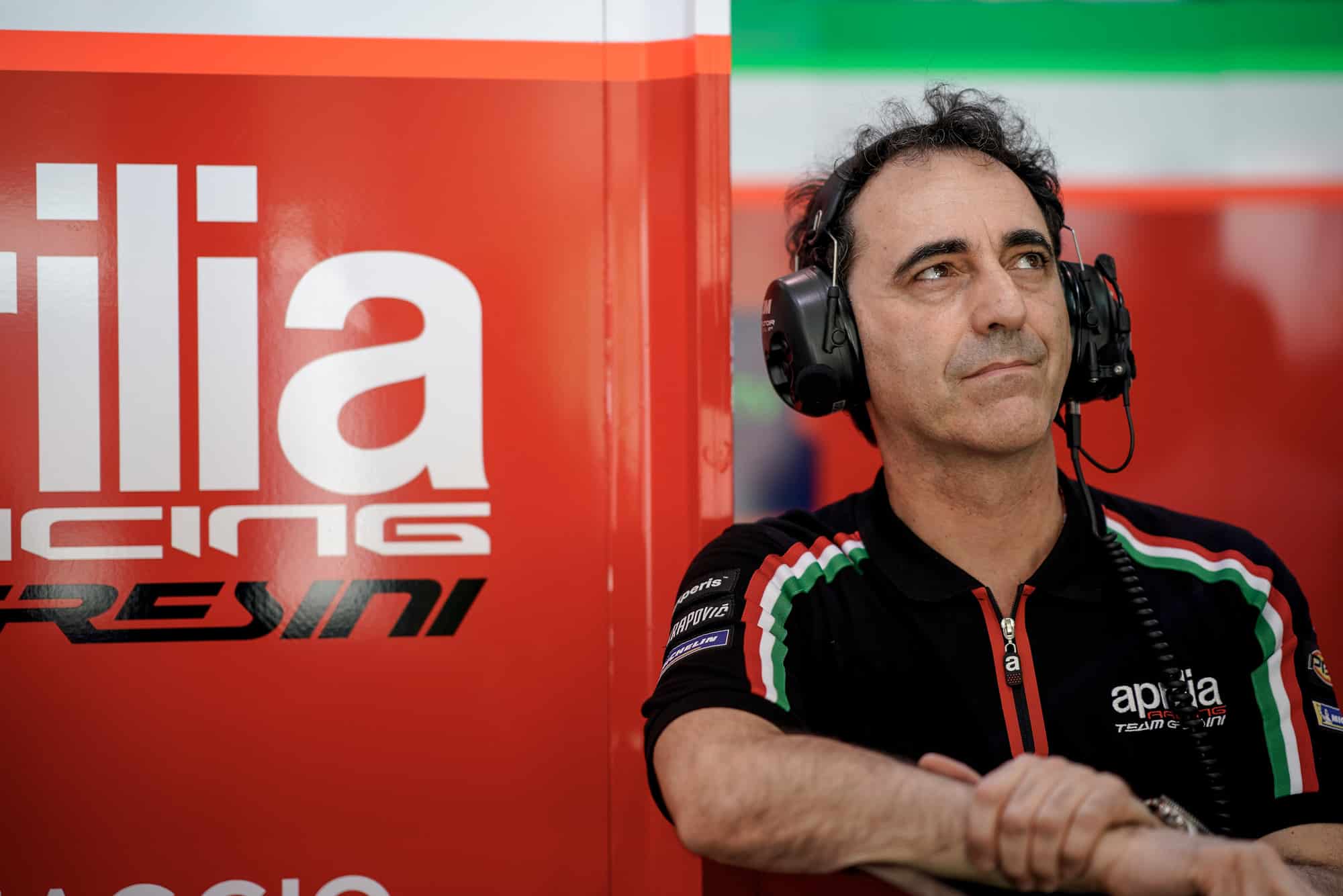 Romano Albesiano in the Aprilia MotoGP pit garage