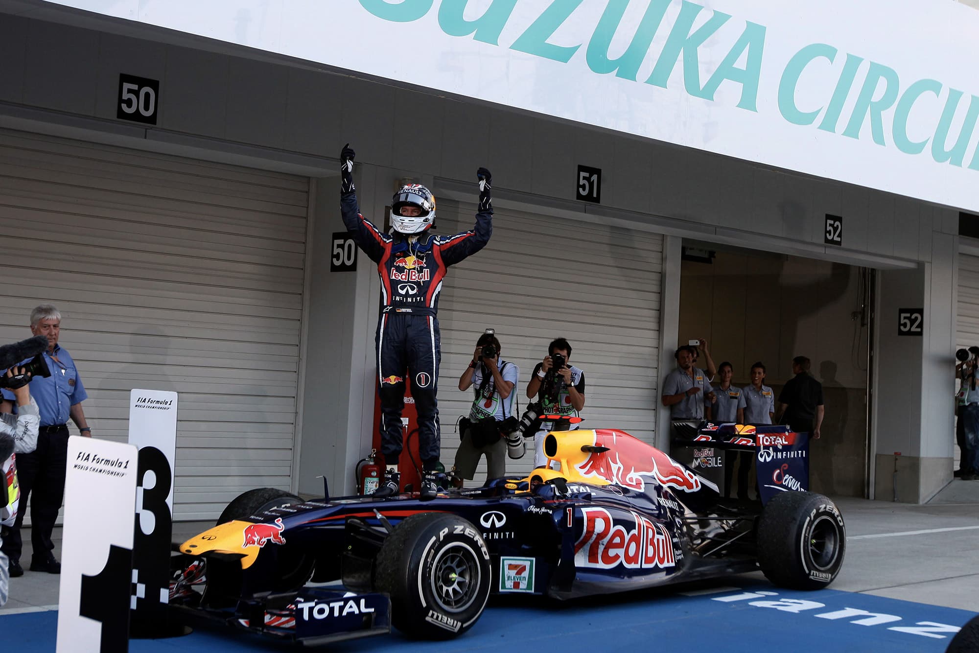 Sebastian Vettel celebrates winning the 2011 F1 championship at the Japanese Grand Prix