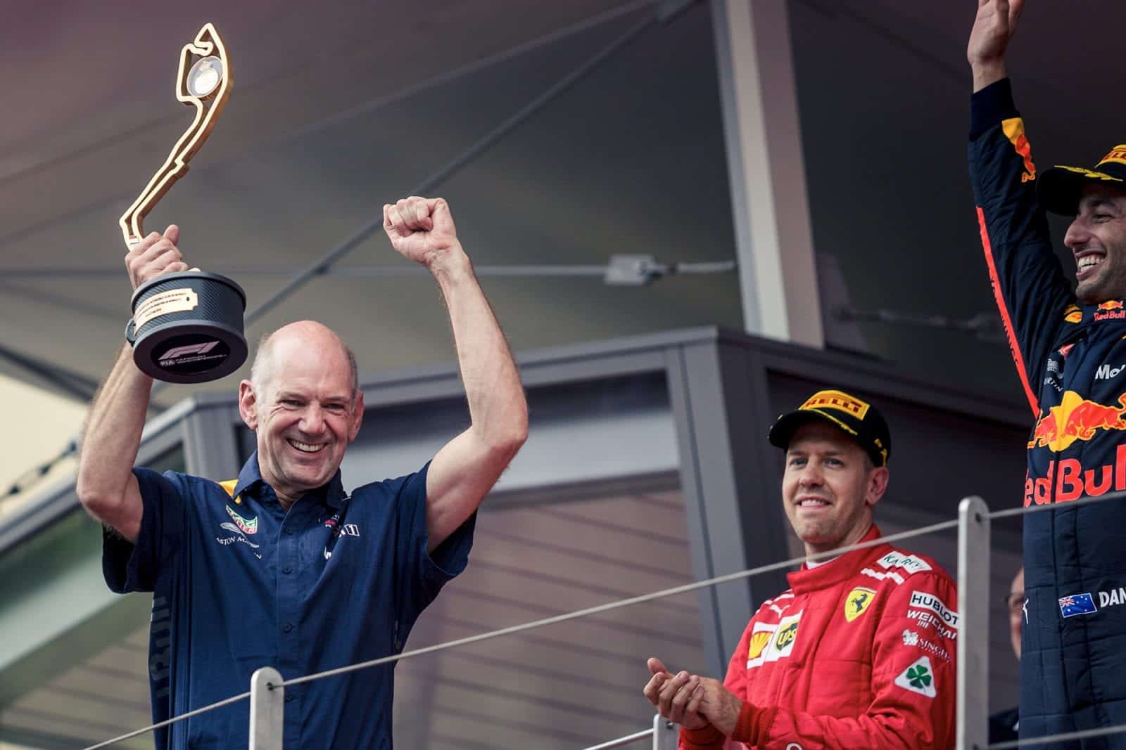 Adrian Newey celebrates Daniel Ricciardo's 2018 Monaco Grand Prix victory