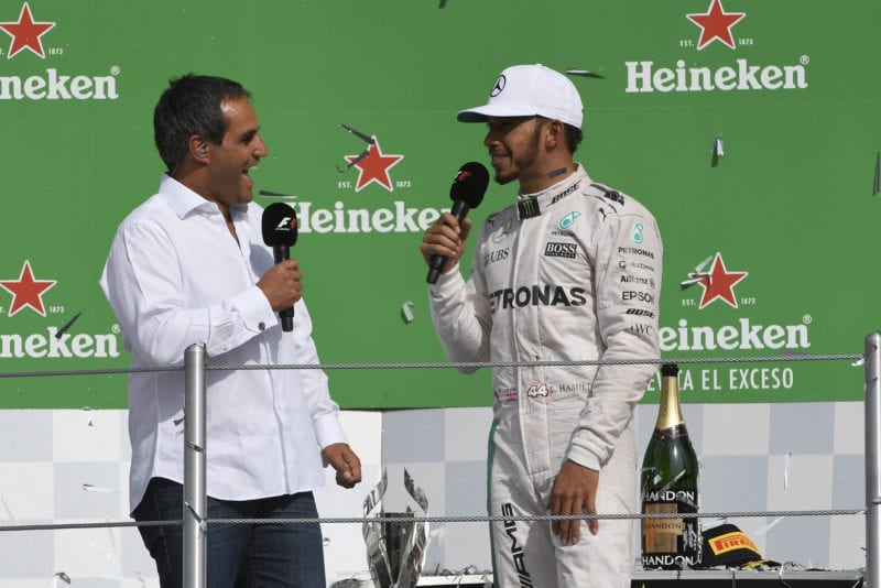 Juan Pablo Montoya with lewis Hamilton at the 2016 Mexican Grand Prix