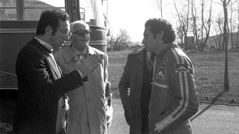 Mauro Forghieri talks with Ezo Ferrari and Niki Lauda in testing for the 312T F1 car