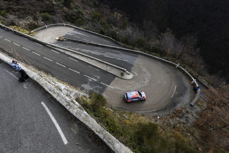 Thierry Neuville heading down a mountain on his way to victory in the 2020 Monte Carlo Rally