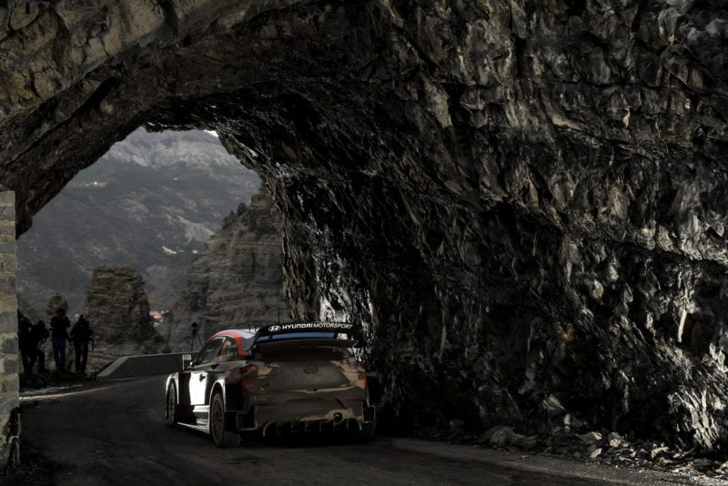 Thierry Neuville drives under a rock arch in the Alpine stages of the 2020 Monte Carlo Rally