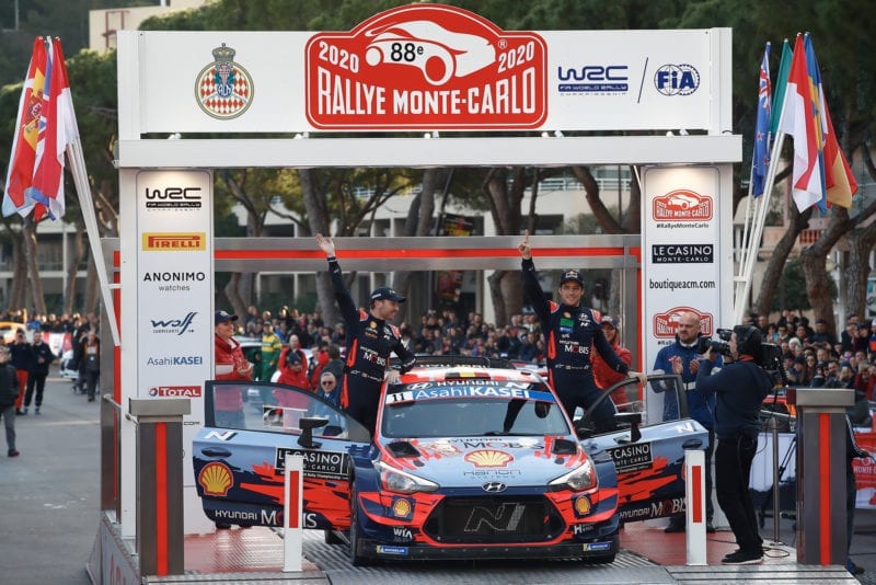 Thierry Neuville and co-driver Nicolas Gilsoul celebrate victory in the 2020 Monte Carlo Rally