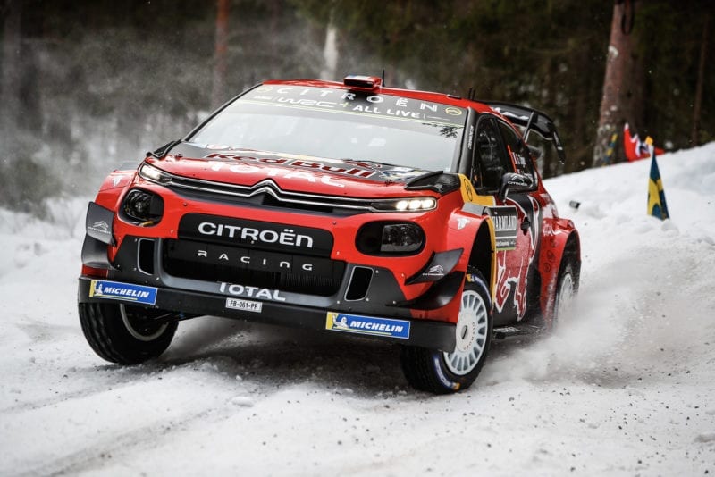 Sebastien Ogier on the snow during Rally Sweden 2019