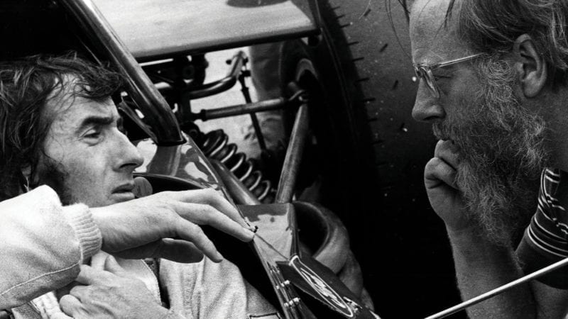 Jackie Stewart, Dennis Jenkinson, Tyrrell-Ford 003, Grand Prix of the Netherlands, Circuit Park Zandvoort, June 20, 1971. Jackie Stewart with legendary journalist Dennis Jenkinson.