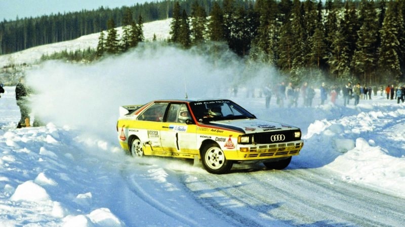 Stig Blomqvist Audi Quattro skidding in the snow