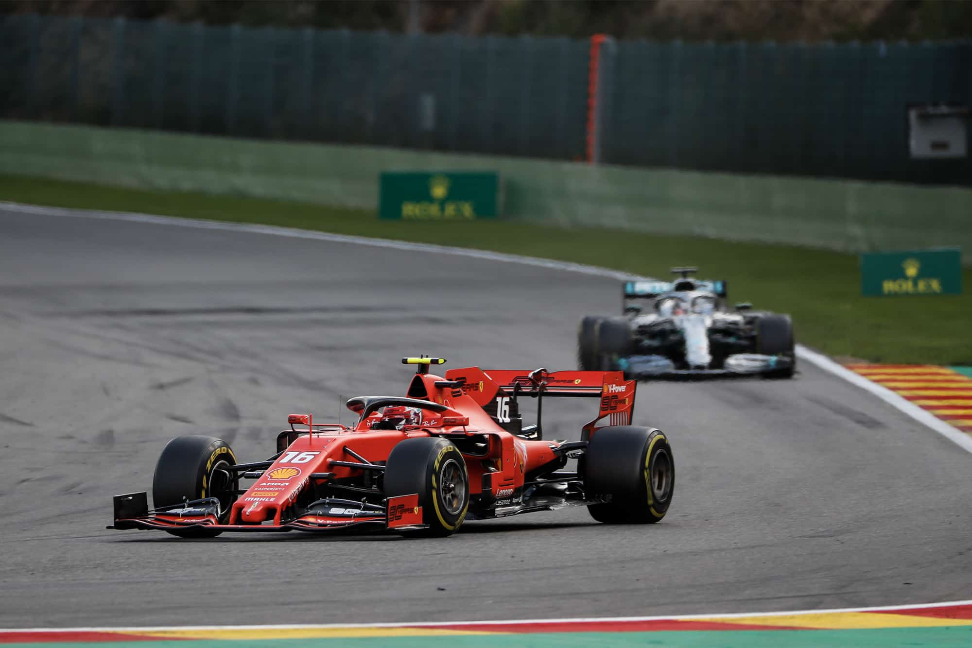 Charles Leclerc leads Lewis Hamilton during the 2019 Belgian Grand Prix