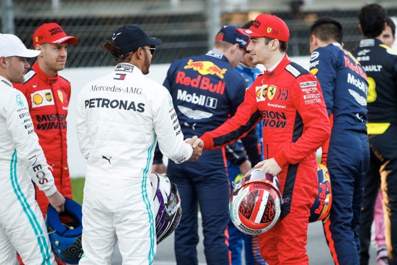 2020 F1 Barcelona pre-season test Day 1 Hamilton shakes hands with Leclerc