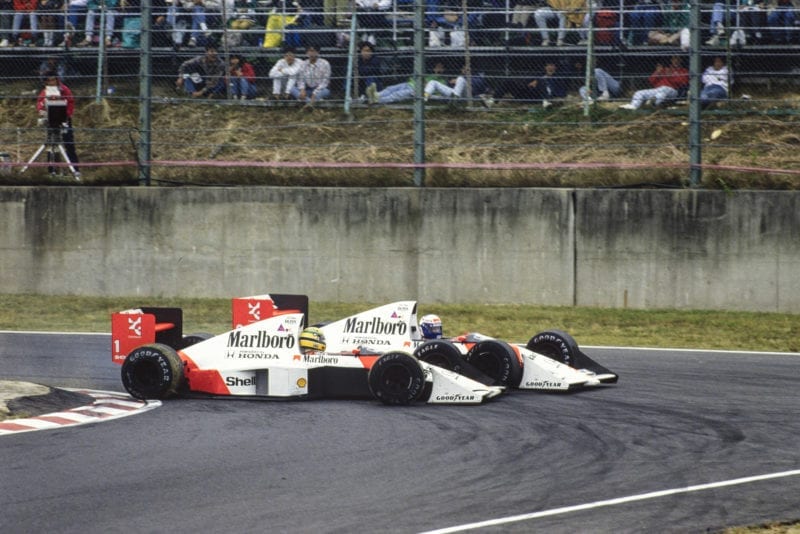 Ayrton Senna and Alain Prost at the Suzuka chicane ion the 1989 Japanese Grand Prix