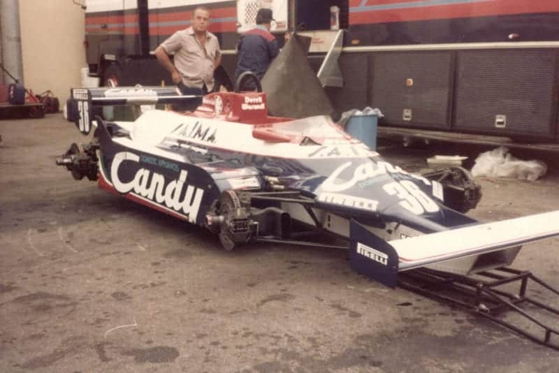 Derek Warwick's Toleman with wheels off at the 1981 Italian GP