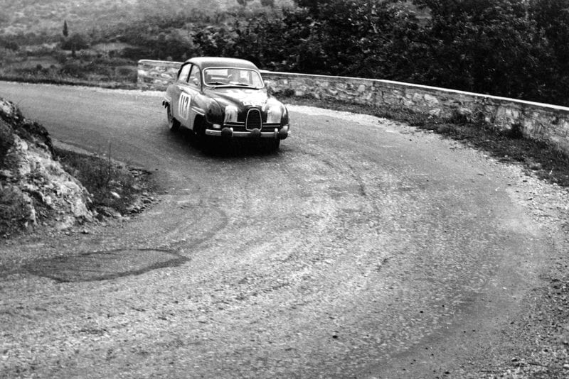 Erik Carlsson on a hairpin bend in a Saab 96 during the 1961 Acropolis Rally