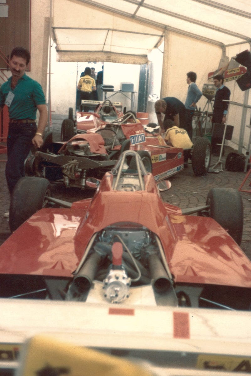 Ferraris in a paddock tent at the 1981 Italian Grand Prix