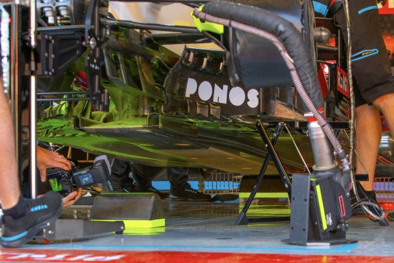 Flow-viz paint on the floor of the Williams during 2020 F1 preseason testing