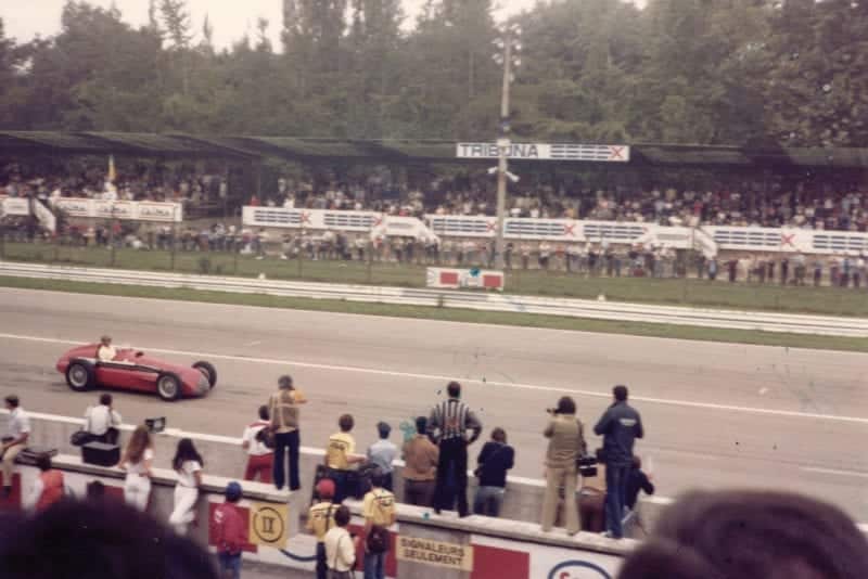 Juan Manuel Fangio runs down the start/finish straight in an Alfa 159 ahead of the 1981 Italian Grand Prix