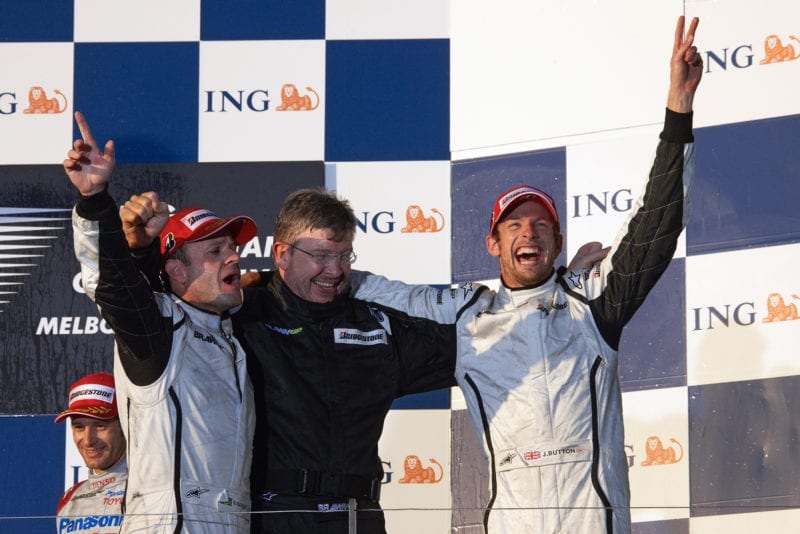 Rubens Barrichello, Ross BRawn and JEnson Button celebrate a 1-2 victory for Brawn GP in the 2009 Australian GP