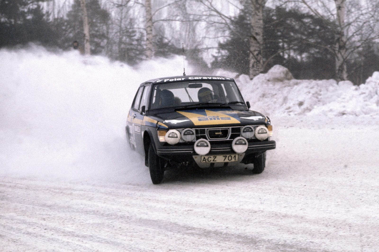 Stig Blomqvist in a Saab 99 during the 1977 Swedish Rally