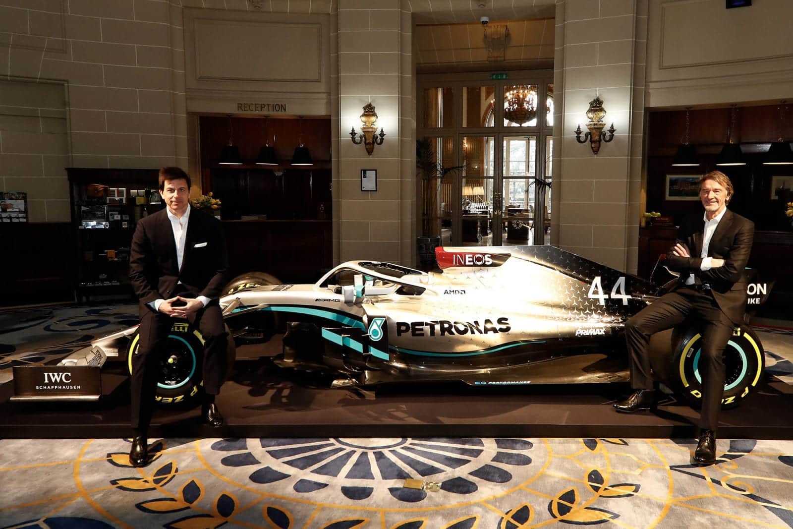 Toto Wolff and Sir Jim Ratcliffe with the new 2020 Mercedes livery