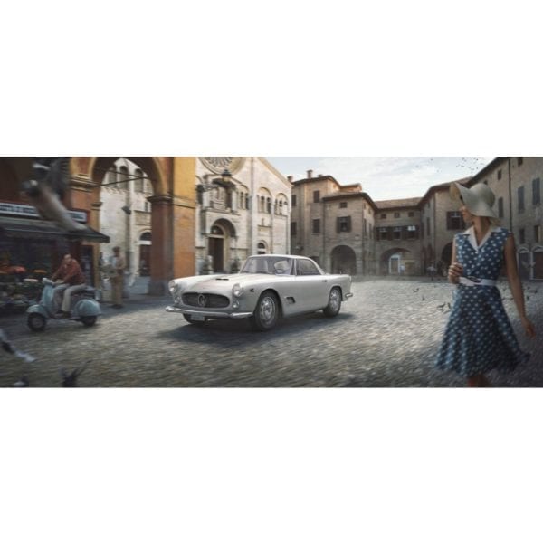 An Automobilist fine art print titled The White Dame - Artwork Modena, Italy / March 1957