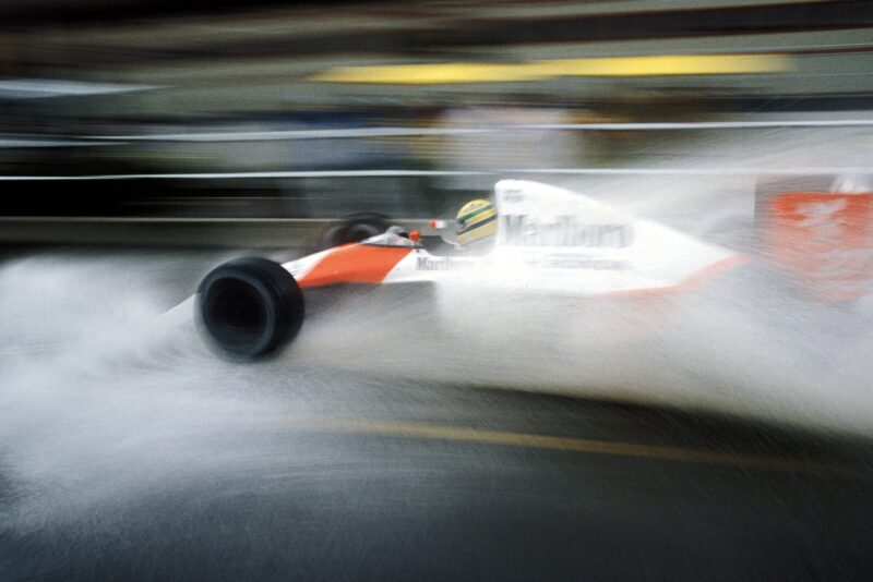 Ayrton Senna in the rain at the 1990 US Grand Prix in Phoenix