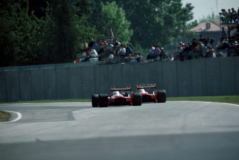 Rear shot of Ayrton Senna and Alain Prost's McLarens at Imola