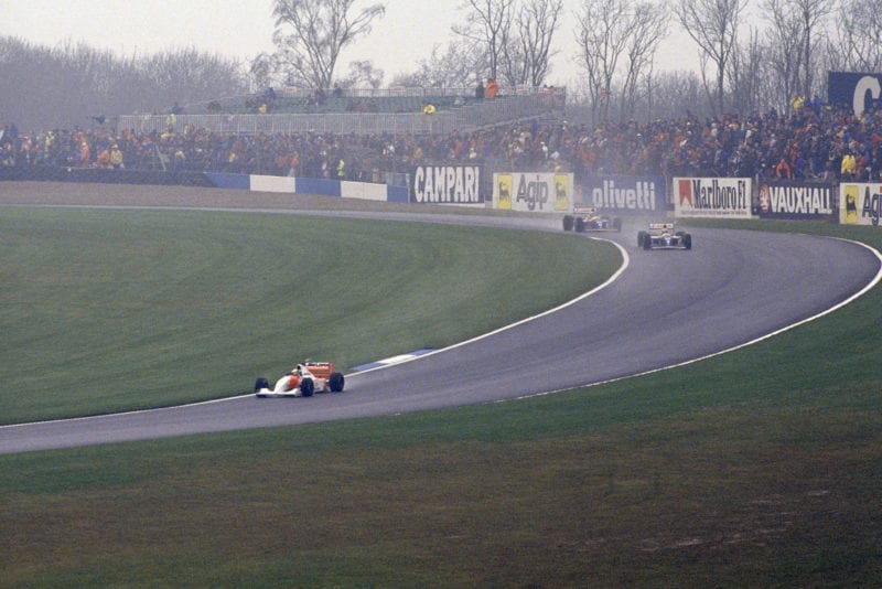Ayrton Senna pulls out a lead at the 1993 European Grand Prix at Donington