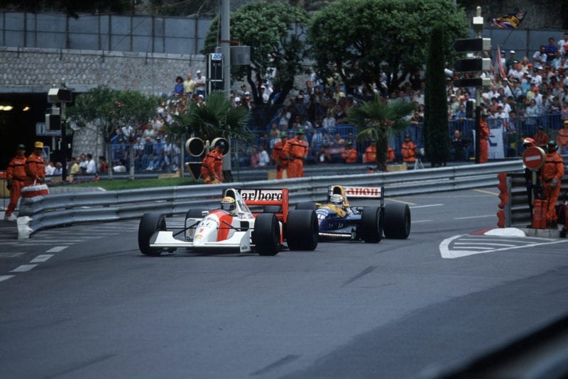 Ayrton Senna defends against Nigel Mansell at the 1992 Monaco Grand Prix