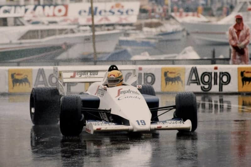 Senna chases down Prost in. his Toleman at the 1984 Monaco Grand Prix