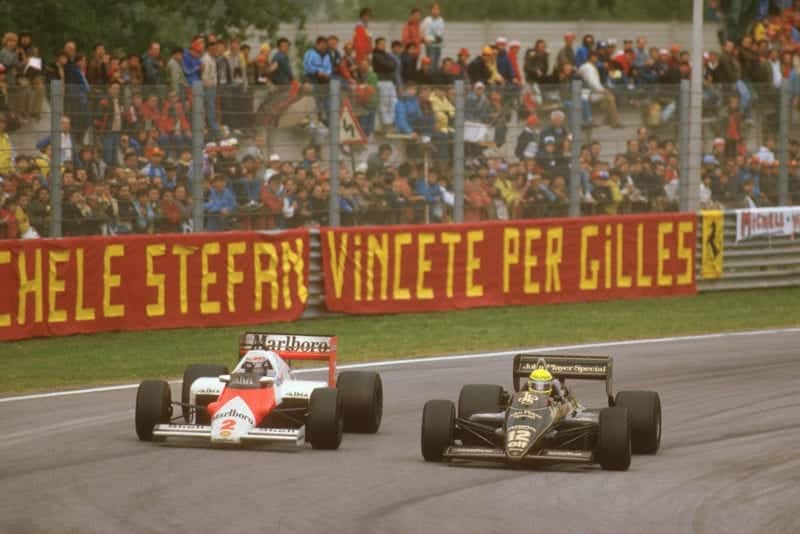 Alain Prost overtakes Ayrton Senna in the 1985 San Marino Grand Prix