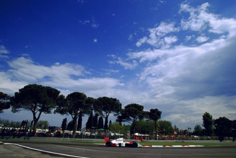 Ayrton Senna in his McLaren Honda at the 1989 San Marino Grand Prix