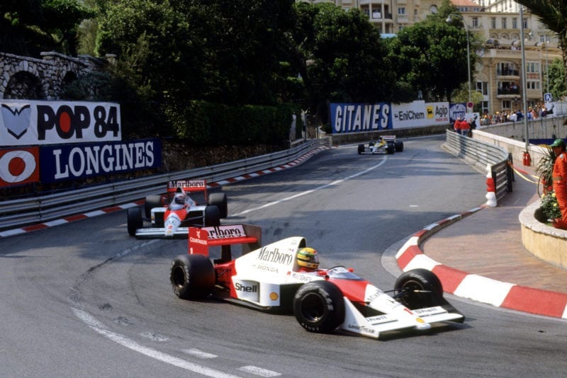 Ayrton Senna leads Alain Prost through the Loews hairpin during the 1989 Monaco Grand Prix