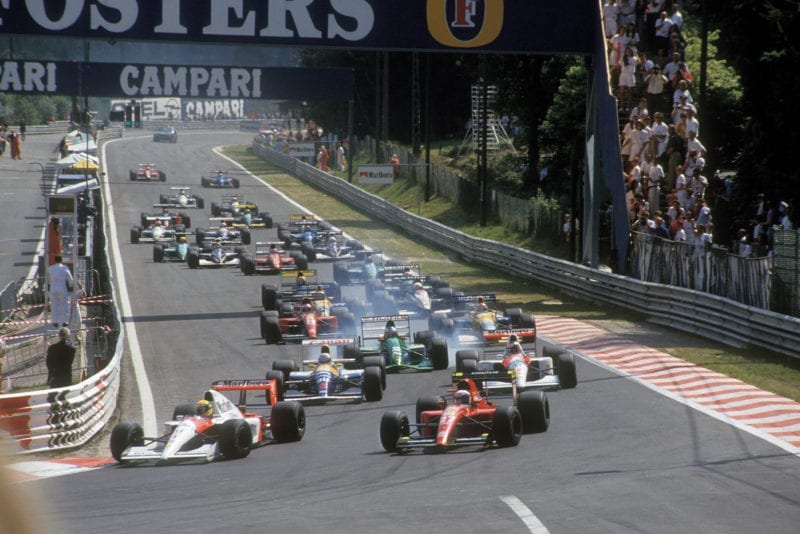 Ayrton Senna leads at the start of the 1991 Belgian Grand Prix