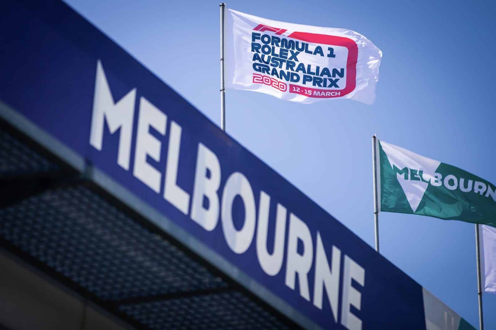 Flags above a Melbourne grandstand ahead of the 2020 Australian Grand Prix