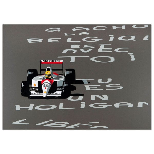A print titled speed icons depicting Senna in the Belgian GP 1991 by artist Joel Clark
