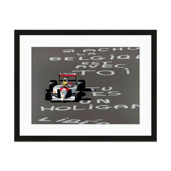 A frames print titled speed icons depicting Senna in the Belgian GP 1991 by artist Joel Clark