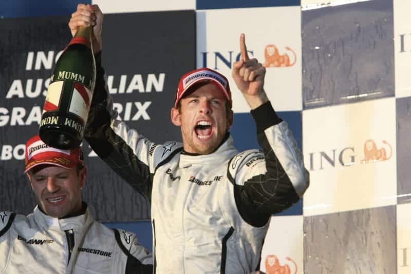 Jenson Button celebrates victory for BRawn GP at the 2009 Australian Grand Prix