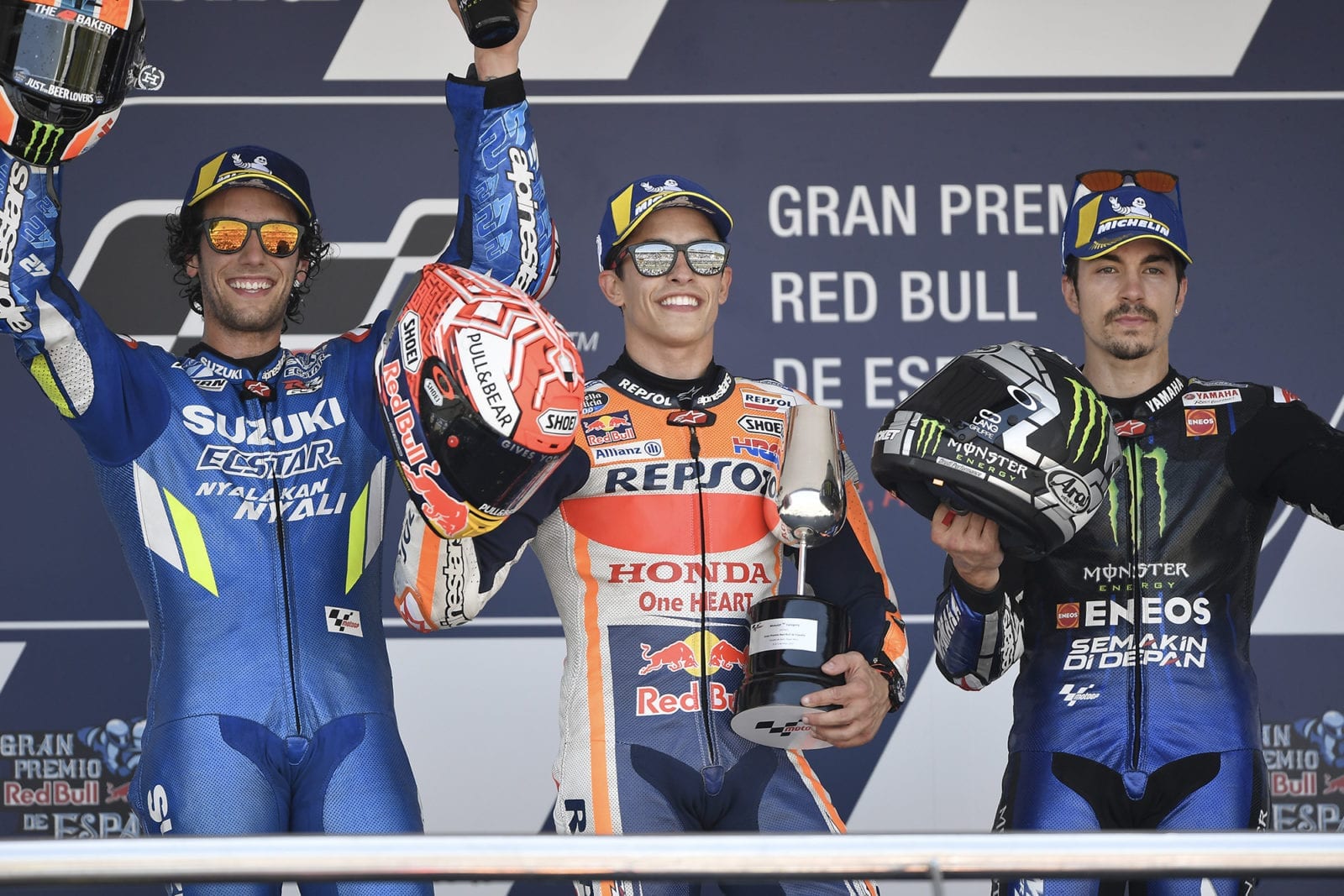 Marc Marquez, Alex Rins and Maverick Vinales on the podium at the 2019 MotoGP Spanish Grand Prix