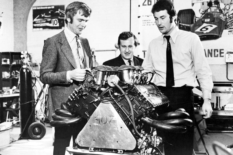 Max Mosley, Alan Rees and robin Herd with the Ford Cosworth V8 engine ahead of the 1971 F1 season