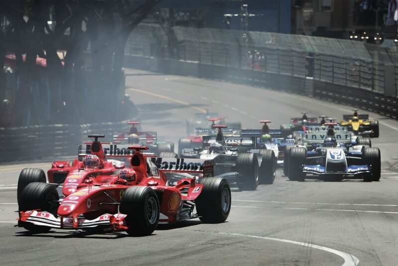 Michael Schumacher leads from the start at the 2004 Monaco Grand Prix