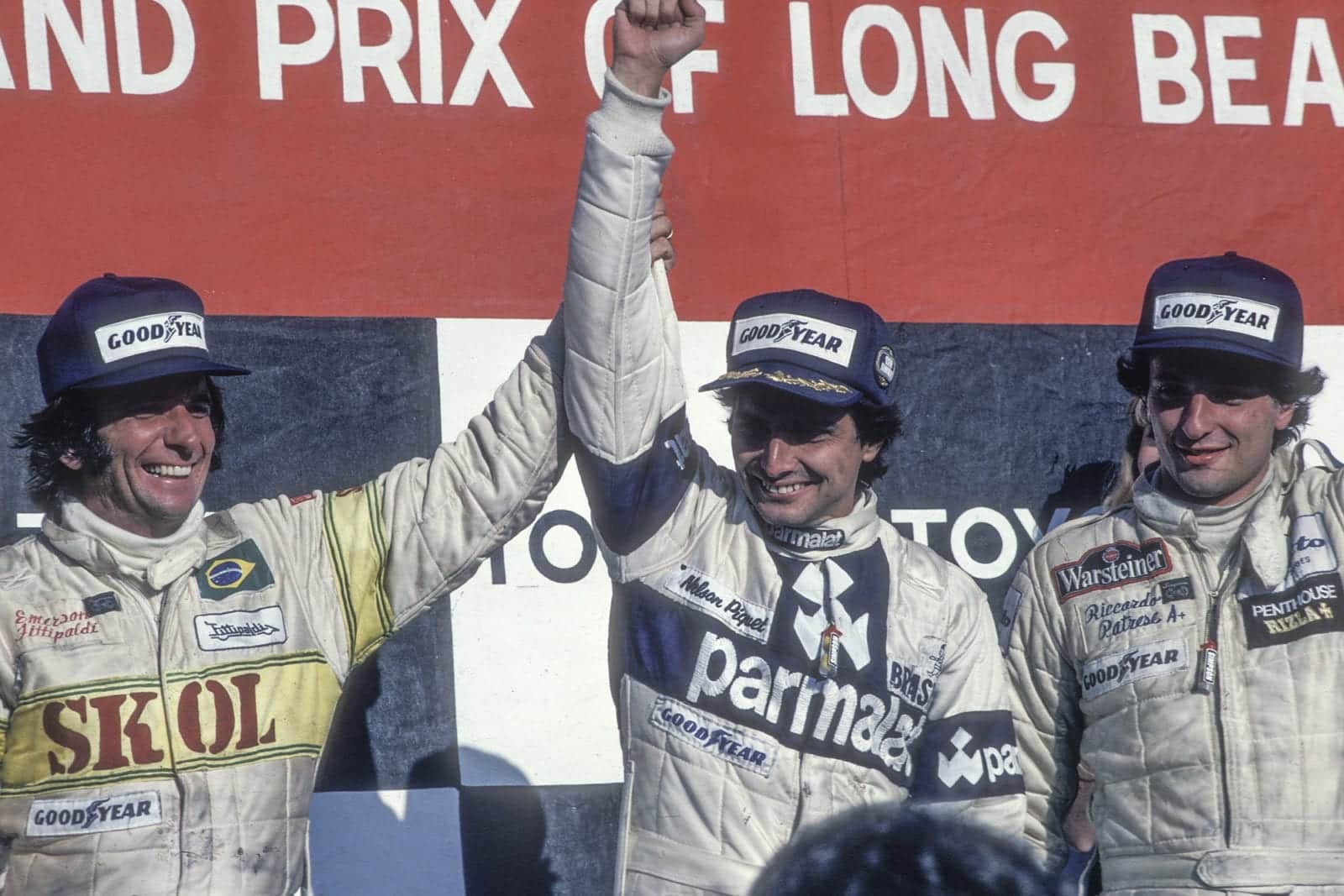 Nelson Piquet on the podium at Long Beach after winning his first F1 Grand Prix