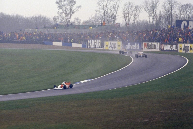 Ayrton Senna stretches his lead during the 1993 European Grand Prix at Donington