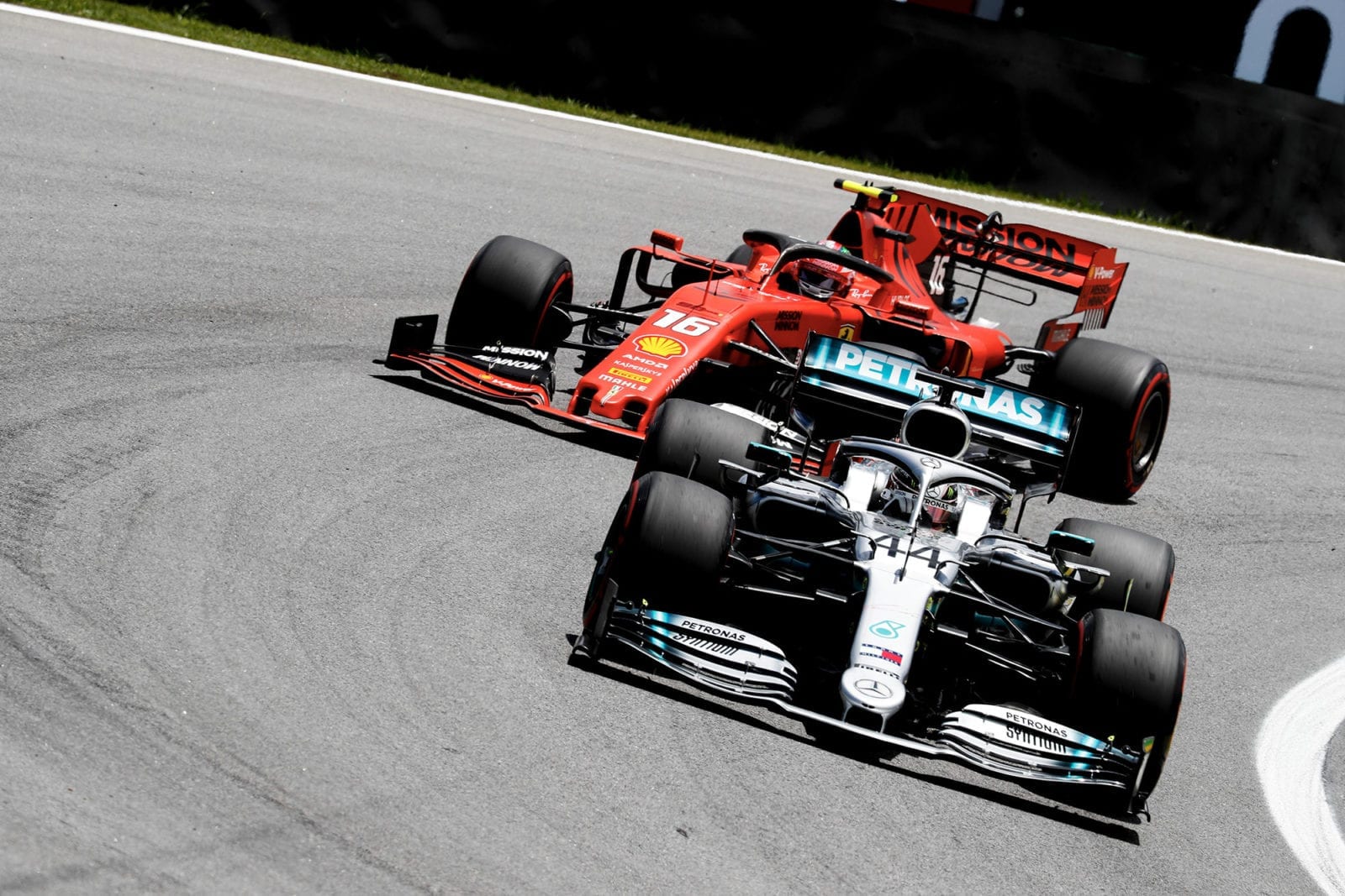 Charles Leclerc chases Lewis Hamilton in the 2019 F1 Brazilian Grand Prix